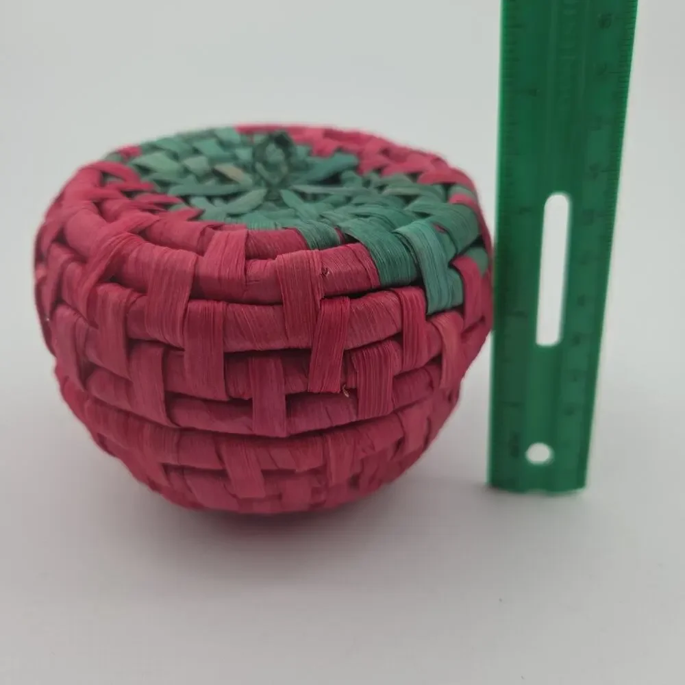 Small Strawberry Basket Handwoven Lidded Trinket Box Pink Green Boho Cottagecore